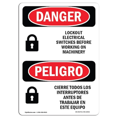 OSHA Danger, Lockout Electrical Switch Working Bilingual, 10in X 7in Decal